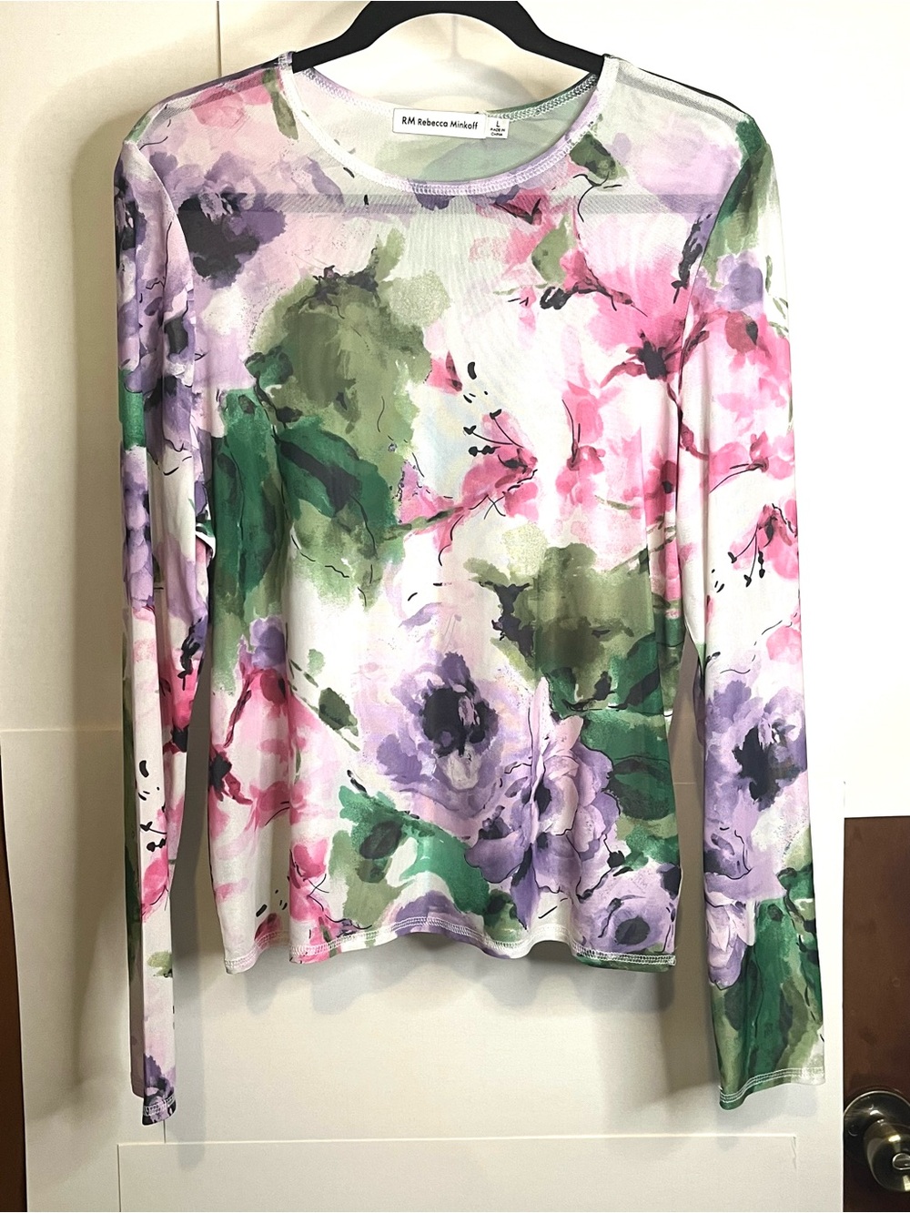 RM Rebecca Minkoff Women’s L Watercolor Floral Sheer Mesh Long-Sleeve Tee